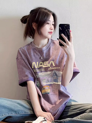 เสื้อยืดแขนสั้นผ้าฝ้ายแท้สีม่วงสไตล์ย้อนยุคสไตล์อเมริกัน NASA ทรงหลวมๆ สไตล์เกาหลี สำหรับผู้หญิงในช่
