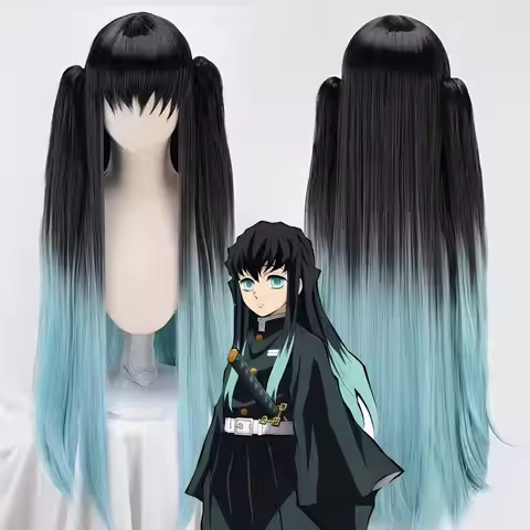 Tokitou Muichirou Cosplay Wig Anime Demon Muichirou Tokitou Black and Blue Gradient Long Hair Wigs H
