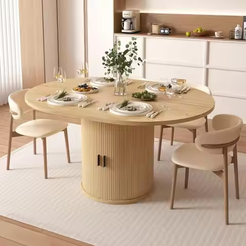 Round Solid Wood Dining Table for 4-6, Space-Saving Design with Slide Door Storage & Pedestal Base