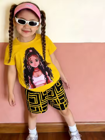 Yellow-Black Trendy Girl Set: Girl’s Sweet-Cool Trendy Outfit