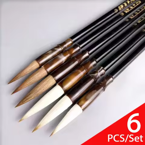 6pcs Wooden Calligraphy Brush Pen Set Different Models Chinese Painting Brush Pen Wool Weasel Hair R
