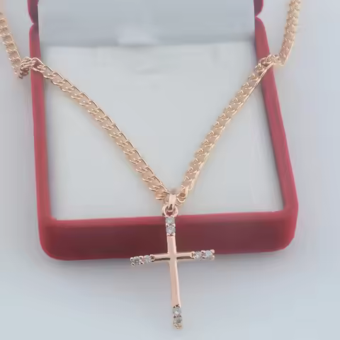 FJ Women 585 Rose Gold Color Cross White Crystal Pendant Necklace