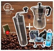ชุดชงกาแฟ Moka Pot Set2 ชุดชงกาแฟสไตล์อิตาลีจากโมก้าพอท 3 คัพ มาพร้อมกับที่บดกาแฟ และเตาแก๊ส
