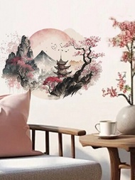 1張山亭和老樹風景壁貼,適用於臥室、客廳、門廳裝飾,自黏貼紙