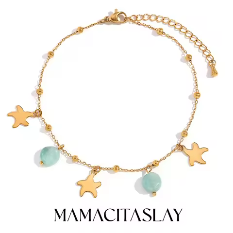 MamacitaSlay Lovely Star Natural Stone Amazonite Pendant Anklet 18K Gold Plated anklet Stainless ste