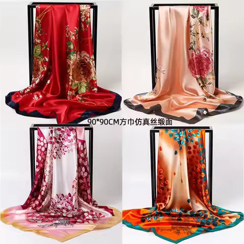 Chinese Style 90 * 90cm Large Square Scarf Simulated Silk Scarf Shawl Spring Autumn New Style Ribbon
