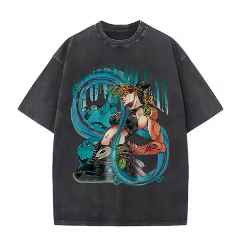Anime JoJo's Bizarre Adventure Jolyne Washed Vintage T-shirt Summer Men Women Manga Casual Cotton Cr