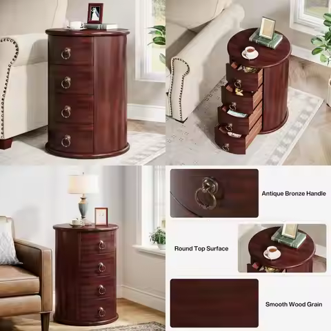 vintage round solid wood side table with 4 drawers, ideal for small spaces in living rooms and bedro