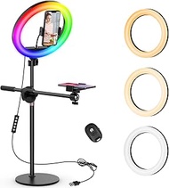 Selfie Ring Light with Stand and 2 Phone Holder, Overhead Camera Mount for iPhone. 10.5" RGB RingLight w/Overhead Tripod &amp; Remote for Video Recording, Photo Lighting, Halo Light Content Creator Kit