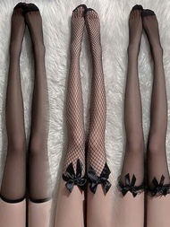 3對黑白色性感過膝長襪女士甜美女孩lolita蝴蝶結大腿高魚網絲襪哥特朋克蕾絲網格打底褲