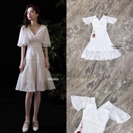 bellita6 Flared Lace Dress V-Neck Back Zip Sleeves Chest Waist Slim Make Merit