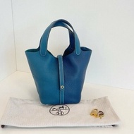 Hermes愛馬仕 Picotin拼色菜籃子18 深邃藍拼博斯普魯斯綠金扣 手提包