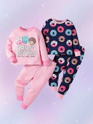 嬰兒女孩緊身甜甜圈及標語圖案套頭衫和1件甜甜圈圖案運動褲