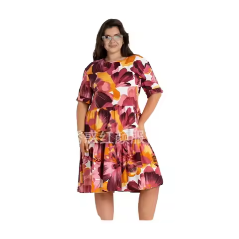 2026 Printed Dress Casual Style Is Available Women Floral Layered Mini Oversized Crew Neck Short Cas