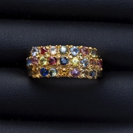 แหวนพลอยแฟนซีแซฟไฟร์(Fancy Sapphire) พลอยแซฟไฟร์ หลากหลายสี เรือนเงินแท้ 92.5% ชุบทอง ไซด์นิ้ว6.5 หรือเบอร์ 53 US. แท้จากบ่อบางกะจะ จันทบุรี