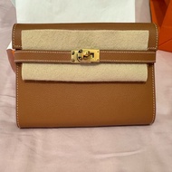 *Hermes kelly 愛馬仕Epsom皮金棕金扣長夾