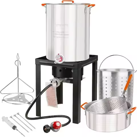 Turkey Deep Fryer Seafood Boiler Kit Fish with Crawfish Boil Pot Basket 55000 BTU Gas Burner Heavy D