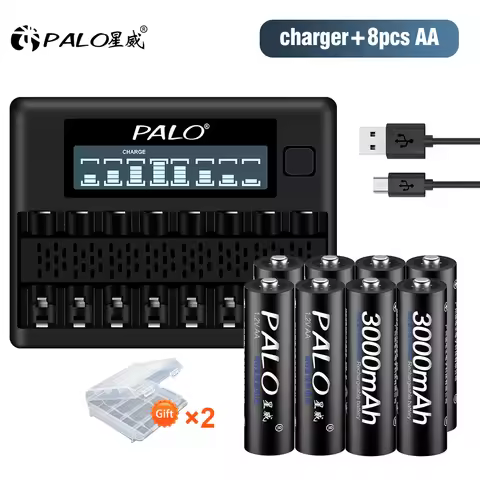 PALO 1.2V AA Rechargeable Batteries 3000mAh 2A Ni-MH Ni MH AA Rechargeble Battery with 8 Slots 1.2V 