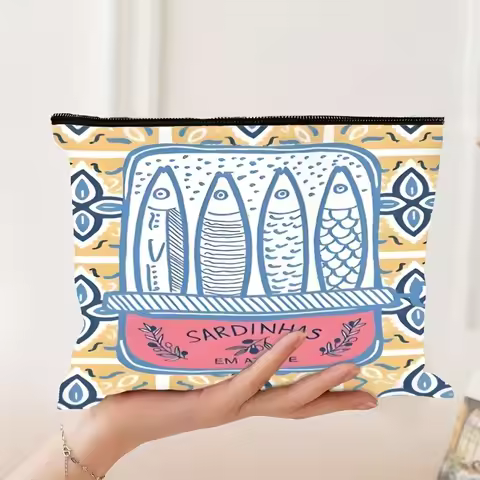 Sardine Vintage Cosmetic Bags Travel Organizer Pouch Zippered Makeup Bag with Sardine Illustrations 
