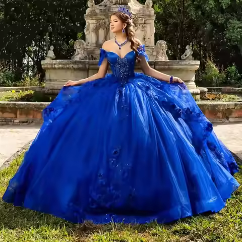 BOMARIS Royal Blue Princess Ball Gown Quinceanera Dresses Vestidos De 15 Anos XV Vintage 3D Lace Bir