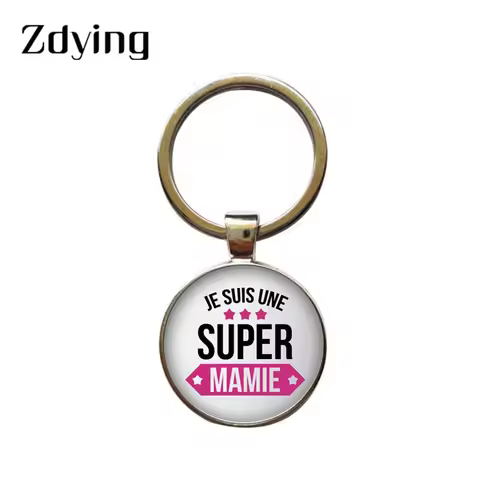 ZDYING Je Suis Une Super Mamie Keychain Glass Cabochon Super Papy Pattern Metal Key Ring Holder Gran