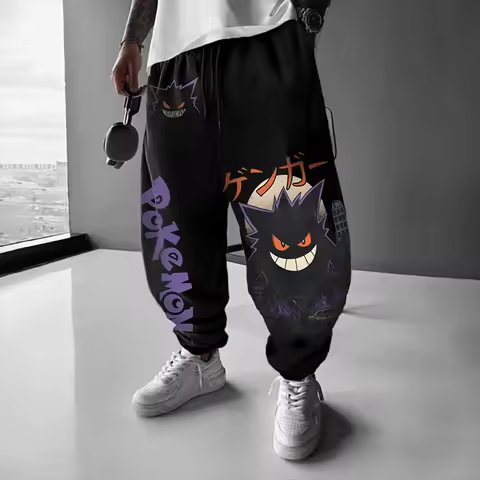 Pokemon Print New Streetwear 2026 Mens High Waist Cotton Pants Wide Leg Trousers Loose Fit Casual Br