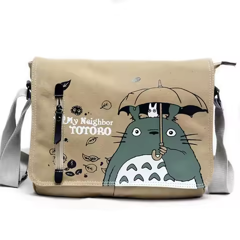 My Neighbor Totoro Anime Print Washed Canvas Messenger Bag Casual Single Shoulder Crossbody Bag Stud
