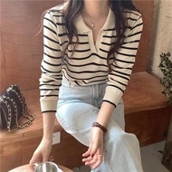 "JaJa♦️พร้อมส่ง เสื้อไหมพรมคอปกแขนยาว เสื้อแขนยาวคอปก เสื้อไหมพรมลายทางคอปก