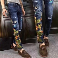 Embroidered Jeans Tights for Men, Men's Slim Fit Skinny Pants
