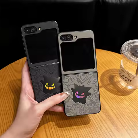 Cartoon Gengar Leather Phone Case For Samsung Galaxy Z Flip 6 5 4 Flip6 Flip5 Flip4 Shockproof Cover