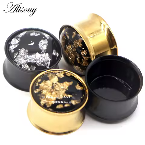 Alisouy 2pcs Fashion Steel Ear Plug Tunnel Body Jewelry Piercing Ear Gauges Expander Black Gold Colo