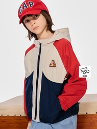男童裝|Logo防風小熊刺繡連帽外套-紅藍撞色