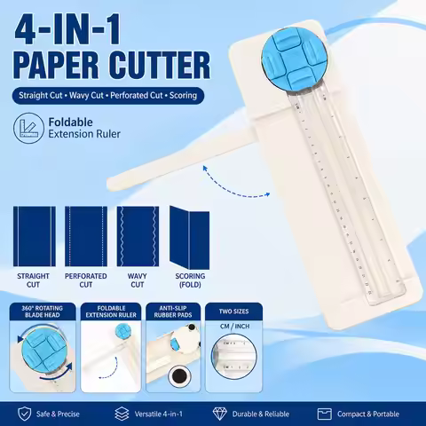4-in-1 Paper Cutter with 360° Rotating Blade, Foldable Ruler for Straight, Wavy, Perforated, Scoring