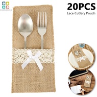 20Pcs Burlap Lace Cutlery Pouch Rustic Tableware Holder Bag Hessian Burlap Spoon Fork Cutter Organiz