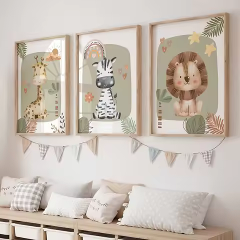 3pcs/set Giraffe Lion & Zebra Animal Canvas Print Safari Wall Art Kindergarten Poster for Modern Liv