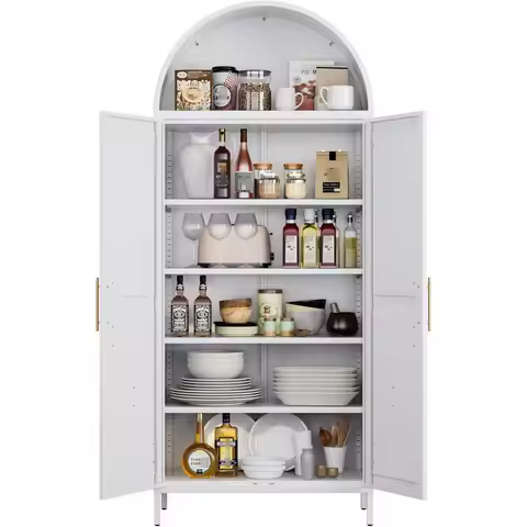 Arched Metal Kitchen Pantry Cabinet with 4 Adjustable Shelves, White, 15.4 D x 30.7 W x 72.8 H