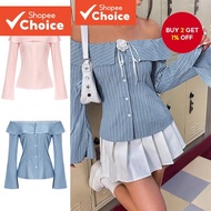 Women Casual Blouse Striped Pattern Button Ruffle Blouse L61AD024 (Multi-color)