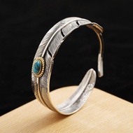 S925 Sterling Silver Feather Bangle Vintage Thai Silver Inlaid Turquoise Jewelry Adjusting Cuff Bracelet Goros