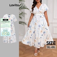 Lovito Plus Size Curve Dress Boho Floral Lace Up Pattern Dress for Women LBL18750