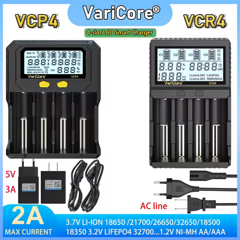 VariCore VCP4 VCR4 LCD Smart Charger 18650/21700/26650 3.7V Li-ion 3.2V LiFePO4 1.2V NiMH/Cd AA AAA 