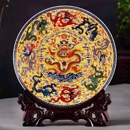 Plate of 9 golden dragons - golden dragons - Nine five chi ceramics with stand