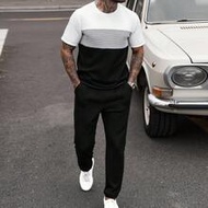 Men's Contrast Color Round Neck Short Sleeve T-Shirt And Slant Pocket Casual Pants Set Men Two Piece