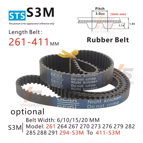 261-411 mm , S3M Timing Belt , Models 261-S3M 264-S3M 267-S3M 270-S3M 273-S3M 276-S3M to 411-S3M,S3M