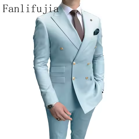 Fanlifujia Store 2024 Casual Sky Blue Men Suits Double Brested Peak Lapel Gold Button Groom Wedding 