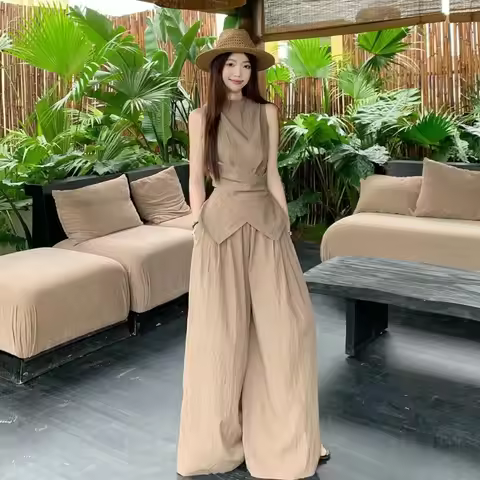 Women's Beige Sleeveless Wrap-Top Wide-Leg Pants Set
