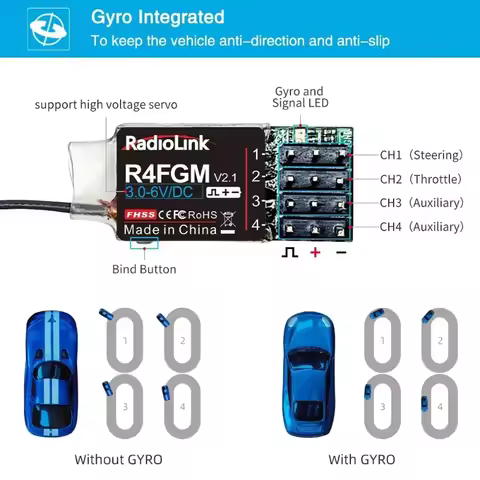Radiolink R4FGM 2.4GHz 4CH FHSS PWM Mini Receiver with Gyro for RC Airplane Car Boat RC4GS RC6GS T8S
