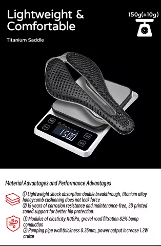 Keywords Plselis titanium alloy, bicycle saddle, weight 150g, 3D printed surface, zonal shock absorp