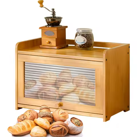 Bamboo Bread Bin Multi-Purpose Bread Storage Container Clear Flap Door Bread Storage Box Large Capac