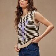 Striped Round Neck Multi Stitch Summer Lobster Intarsia Sweater Tank Top, Beach, Holiday, Fall, Wint