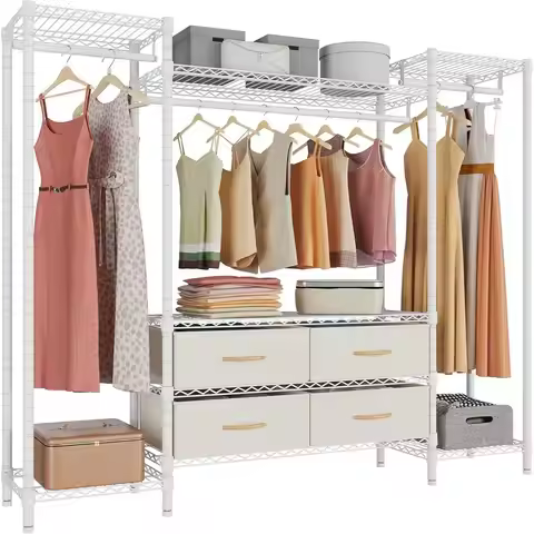 6-Shelf Metal Clothing Rack with 3 Hang Rods, 4 Fabric Drawers, White, 56.7L x 14.6W x 70.9H